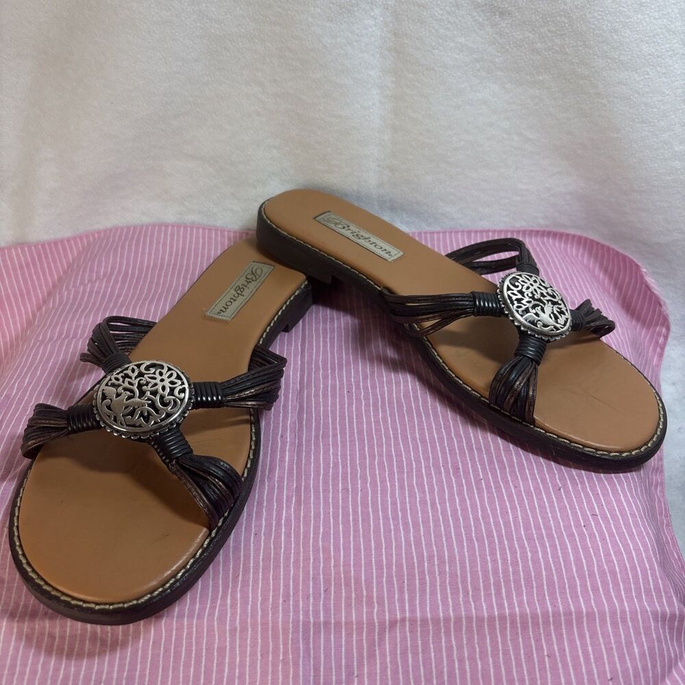 Brighton Alice Ornate Slide Sandals Brown Leather Silver Medallion Size 8.5 M